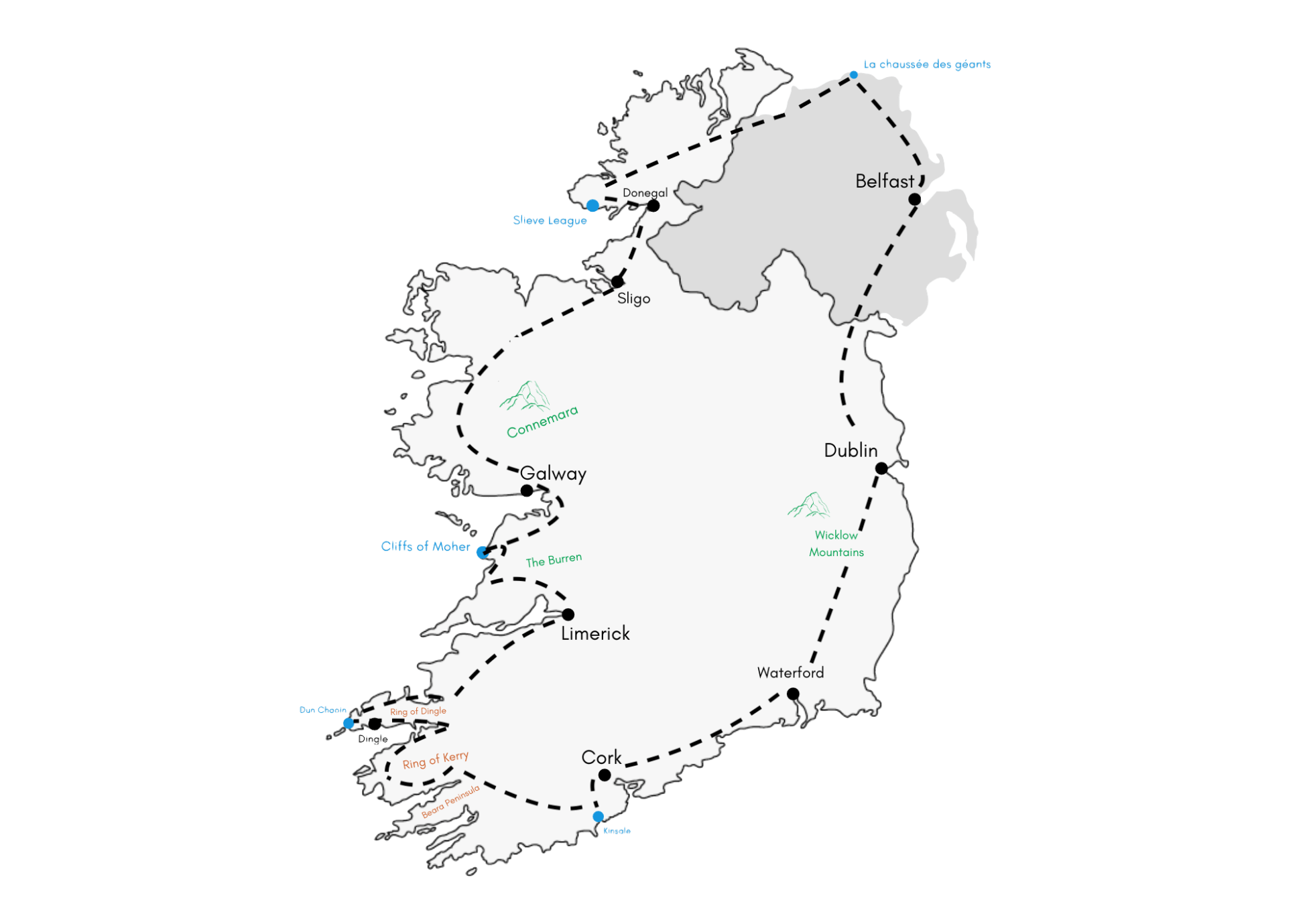 Carte de notre road-trip en Irlande et Irlande du Nord